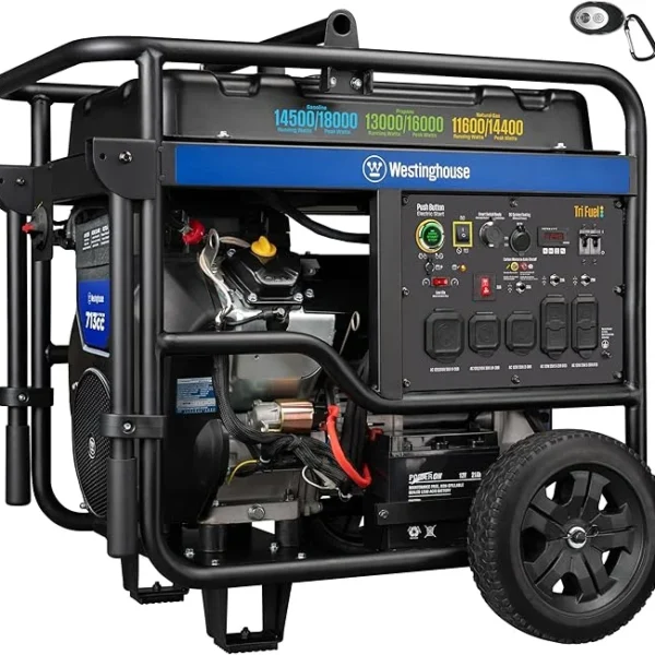 Westinghouse 18000 Peak Watt Tri-Fuel Home Backup Portable Generator, Remote Electric Start, Transfer Switch Ready, Gas, Propane, and Natural Gas Powered, CO Sensor
