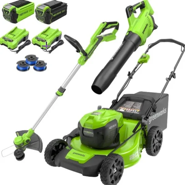 Greenworks 40V 20″ Cordless Mower, 500 CFM Blower, 12″ Trimmer, 2 Batteries (5Ah + 2Ah) & Chargers